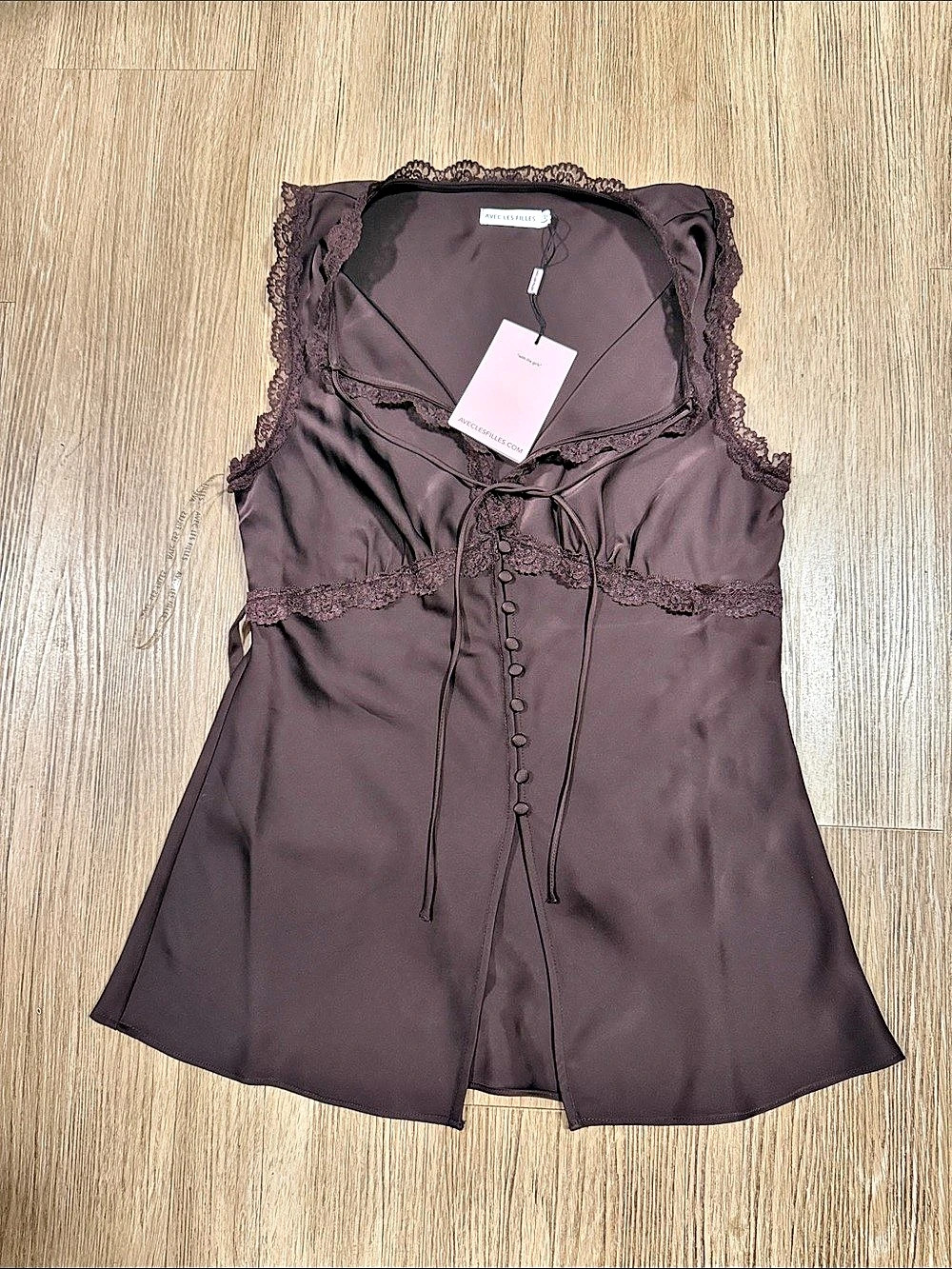 Avec Les Filles Lace-Up Lace Trim Camisole Brown Large NWT